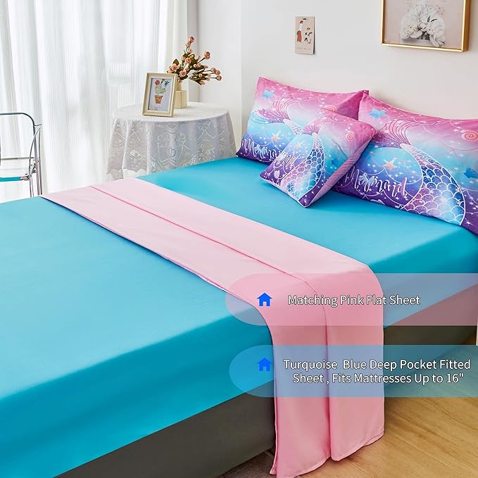 RYNGHIPY Mermaid Comforter Set 6Pcs, Kids Gilrs Bed in a Bag Twin Size, Mermaid Tail Print Teens Girls Bedding Set, Rainbow Bedding Collections