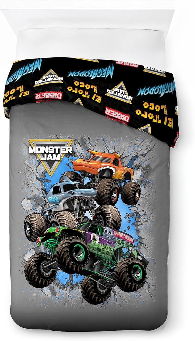 Jay Franco Duvet Cover Set – 2 Piece Comforter Cover and Sham Set, Super Soft Cozy Kids Bedding (Insert Not Included) Grey - Monster Jam, Twin