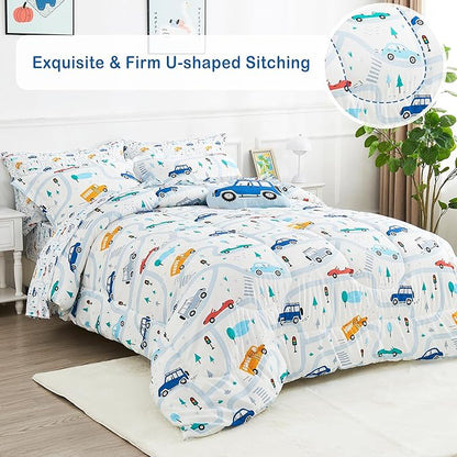 Mooreeke Bed in a Bag for Kids Boys Teens, 8 Pieces Full Size Comforter Bed Set with Shams, Sheet Set and Decorative Toy Pillow, Cars White Super Soft Microfiber Kids Comforter Bedding Set
