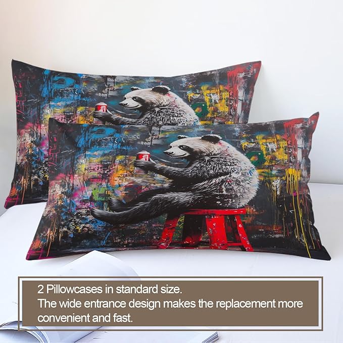 Panda Duvet Cover King Size, Street Graffiti Panda Bedding Set 3 Piece Bedroom Decor Fun Colorful Comforter Cover and 2 Pillow Sham with Zipper Closure