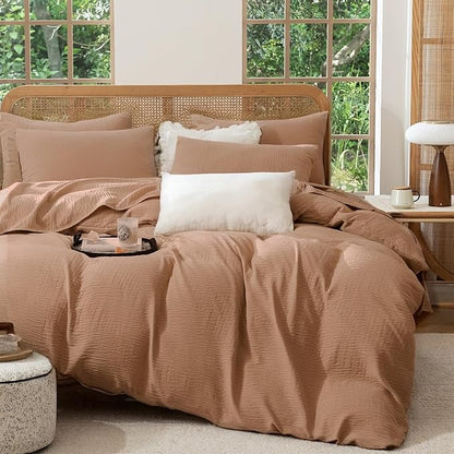 Duvet Cover King Set, Luxury Brushed Microfiber Double-Layer Crinkle Gauze Bown Duvet Cover, 3 Pieces Bedding for All-Season, Soft Breathable with Zipper Closure (No Comforter)