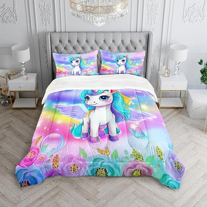 Kid Unicorn Comforter Set Full Size 3Pcs Butterfly Rainbow Flower Star Pattern Quilt Bedding Set for Boys Girls with 1 Comforter and 2 Pillowcases