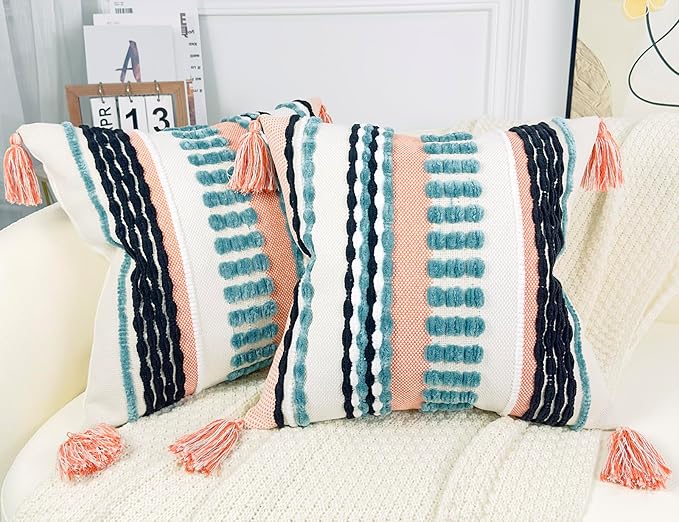 Boho Throw Pillow Covers 18x18 Aesthetic Neutral Boucle Couch Pillow Cover Rainbow Striped Decorative Accent Pillow Case for Couch Bed Sofa Farmhouse Bedroom,Modern Funky,Set of 2 Turquoise