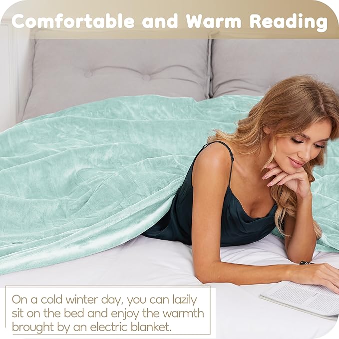 Electric Heated Blanket Full Size 72×84, Breathable & Luxurious Flannel, Soft Warm Gift with Over-Heat Protection, 4 Heating Levels & 10 H Auto Shut Off, Machine Washable, Lighg Green