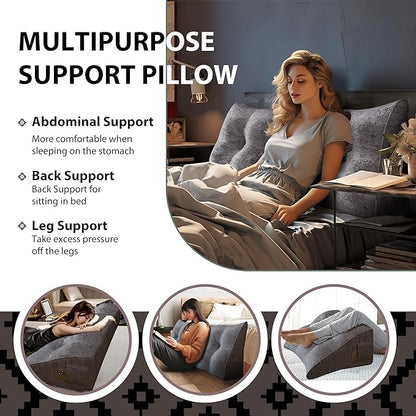 11 lbs Thickened Wedge Pillow Headboard Body Positioner Bed Wedge Pillow Backrest Support Triangular Headboard Pillow for Sleeping with Side Pocket Velvet Positioning Support Light Grey Queen