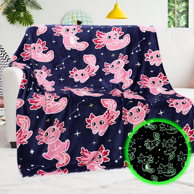 BORORO Glow in The Dark Axolotl Blanket - Pink Axolotl Gifts Toys for Kids Girls Ages 3-12 Years Old Birthday, Lightweight Soft Salamander Throw Blanket for Sofa Bed Camping Bedroom Decor 50x60 inch