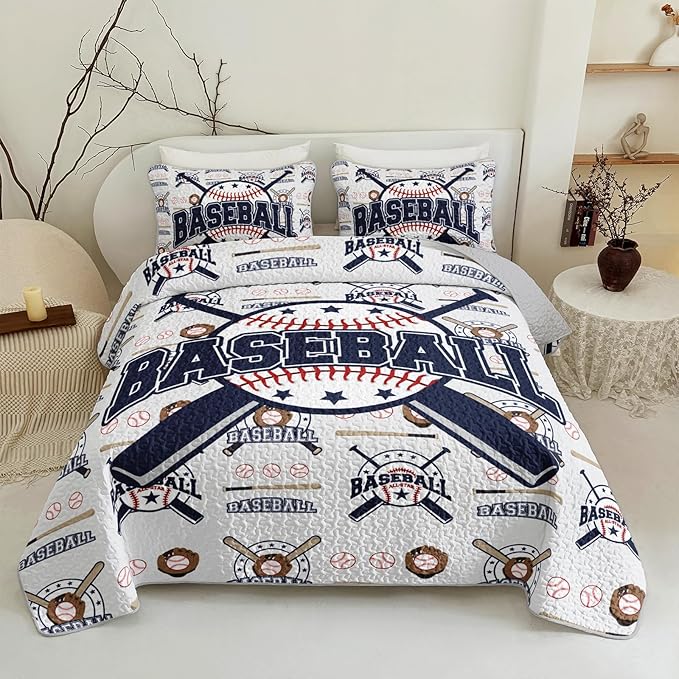 QOOMO Baseball Quilt Set Full/Queen Size,Sports Bedspread Coverlet Set,Sports Games 3Pcs Bedding Set Printed Quilt with 2 Pillowcases,Soft and Lightweight,for All Seasons