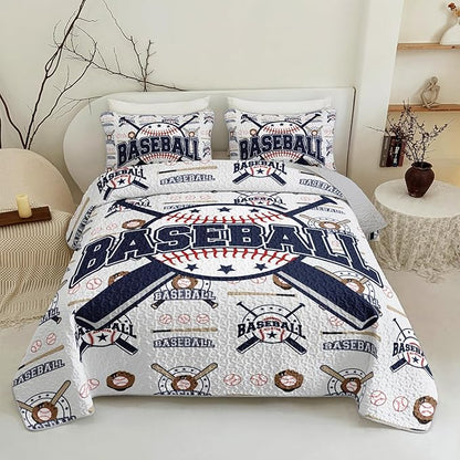 QOOMO Baseball Quilt Set Full/Queen Size,Sports Bedspread Coverlet Set,Sports Games 3Pcs Bedding Set Printed Quilt with 2 Pillowcases,Soft and Lightweight,for All Seasons