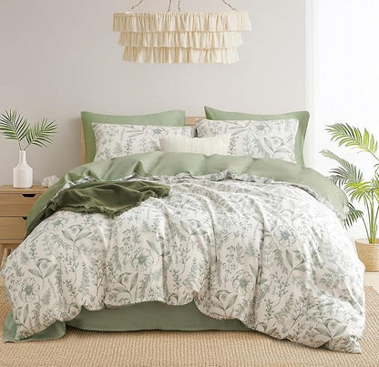 Sage Green Duvet Cover Queen Size Romantic Floral Botanical Bedding Set 3 Pcs for Kids Boys Girls Spring Garden Aesthetic Leaves Soft Breathable Comforter Cover with 2 Pillowcases
