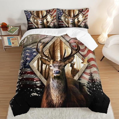 HOSIMA Hunting Bedding Sets 3Pcs Deer Comforter with 2 Pillowcases,Western Farmhouse Animal Hunting Stars Stripes USA Flag Full Size Comforter for Teen Boys Mens Bedroom Essentials RV Inside Decor.