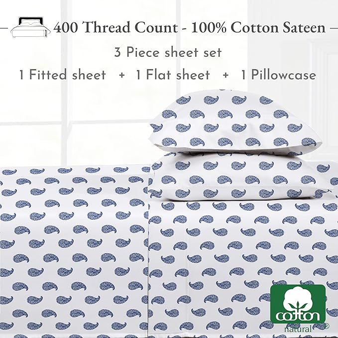 California Design Den Printed Twin XL Sheet Sets - 400 Thread Count Sateen, Natural 100% Cotton Sheets Set, Deep Pockets, and Durable Bedding Set - Paisley Blue