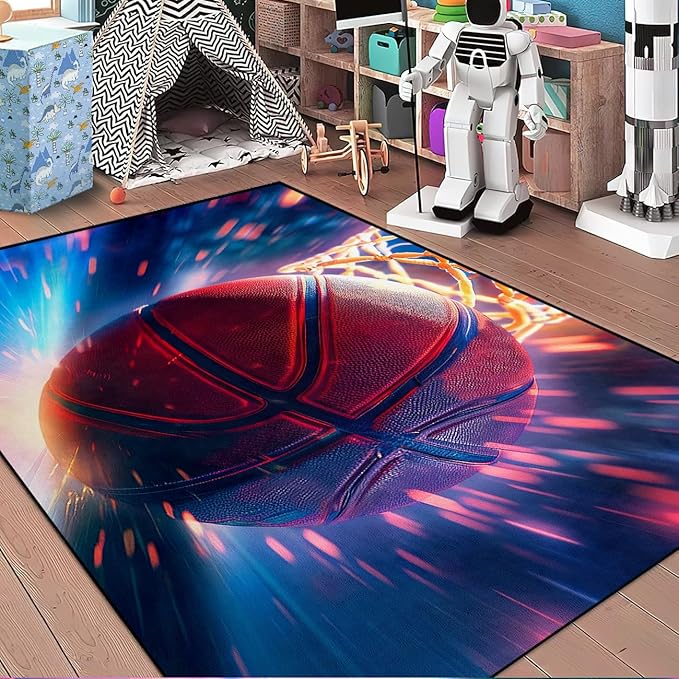 Basketball Rug for Boys Bedroom - Sports Rugs for Boys Bedroom, Sports Themed Carpet for Teens Kids Basketball Carpet for Living Room Floor Mat, Blue, 2.5x4 Feet