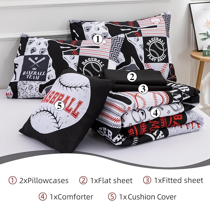 A Nice Night Sports Geometric Grid Black Patchwork Baseball Printed for Boys Queen 6Pcs Bed in A Bag Comforter Bedding Set,Black
