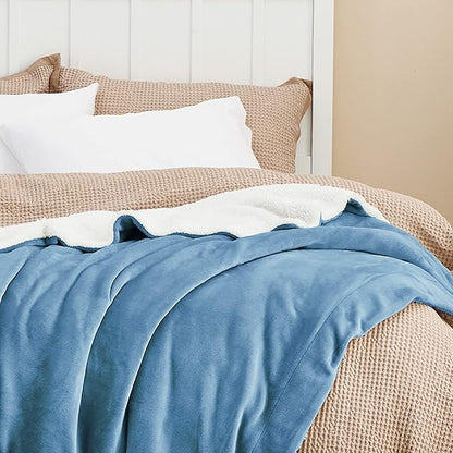 Bedsure GentleSoft Sherpa Fleece Blankets Queen Size for Bed - Thick and Warm Throw for Women and Men, Soft Fuzzy Plush Queen Blanket for Winter, Washed Blue, 90x90 Inches
