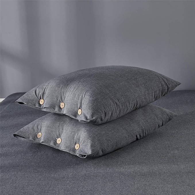 JELLYMONI Cotton Duvet Cover Queen Size - Black Comforter Cover with Button 100% Washed Cotton 3PCS Breathable Soft Solid Bedding Set Duvet Cover 90×90in & 2 Pillowcases (NO Comforter)