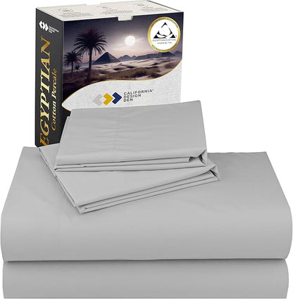 California Design Den Certified 100% Egyptian Cotton Sheets Cal King Size Set - Percale Sheet Set with Deep Pockets, Lightweight, Crisp, Durable Luxury Bedding - Light Grey