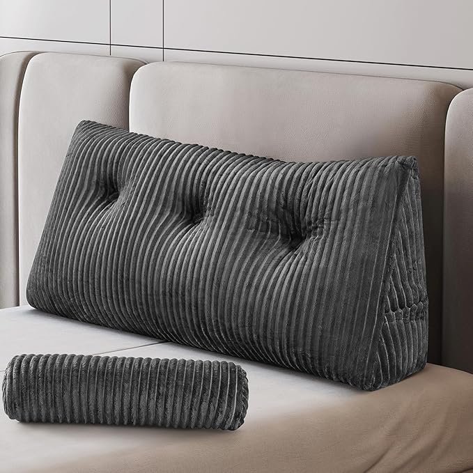Z-hom Large Wedge Pillow Headboard, Twin Triangular Headboard Pillow, Reading Pillow Standard Bed with a Roll Pillow for Bed Sitting Up Sleeping, Backrest Cushion Headboard Gap Pillow for Back, Grey