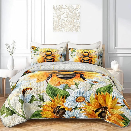 AILONEN Honey Bee Quilt Bedding Set Twin Size,Sunflower Bedspread Coverlet,3Pcs Soft Watercolor Yellow Bee & Floral Bed Cover(1 Quilt + 2 Pillowcases)