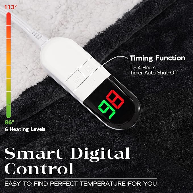 Heated Throw Blanket 50"×60" - Premium Cosy Soft Electric Blanket with 6 Heating Levels,Fast Heating Flannel Sherpa Blanket for Bed & Couch - Auto Shut Off/Machine Washable (Black)