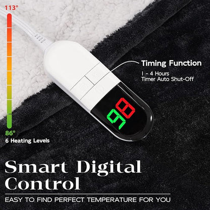 Heated Blanket Twin 62"×84" - Premium Cosy Soft Electric Blanket with 6 Heating Levels,Fast Heating Flannel Sherpa Machine Washable Blanket for Bed & Couch - Auto Shut Off (Black)