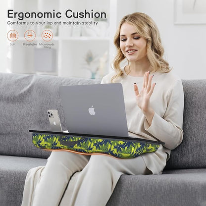 Millhome Lap Desk | Portable Laptop Desk – Fits Up to 17.3" Laptops – Detachable & Washable Cushion, Phone Holder, Device Ledge – for Writing, Working, Reading on Bed, Couch, Sofa, Floor – Green Palm