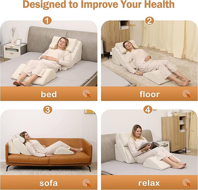 Betterhood 5pcs Orthopedic Bed Wedge Pillow Set, Adjustable Memory Foam, Post Surgery Foam for Back Neck & Leg Pain Relief Support, Acid Reflux, Snoring Reading, Sleeping, Sitting up, Beige
