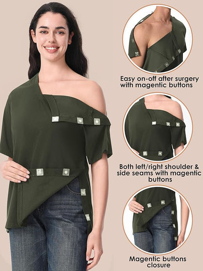 Magnetic Buttons Post Shoulder Surgery Recovery Shirt for Men V-Neck Tear Away Adaptive Chemo Port Clothing for Women