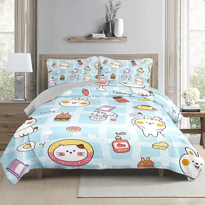 AILONEN Cartoon Cat Quilt Set Full Size Cute Pet Cat Animal Theme Bedspread Coverlet for Kids Girls Boys,1 Quilt with 2 Pillowcases,Bed Cover
