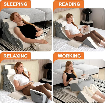 9PCS Orthopedic Bed Wedge Pillow Set for Sleeping, Post Surgery Memory Foam Pillow for Back, Leg & Neck Pain Relief – Adjustable Support for Acid Reflux