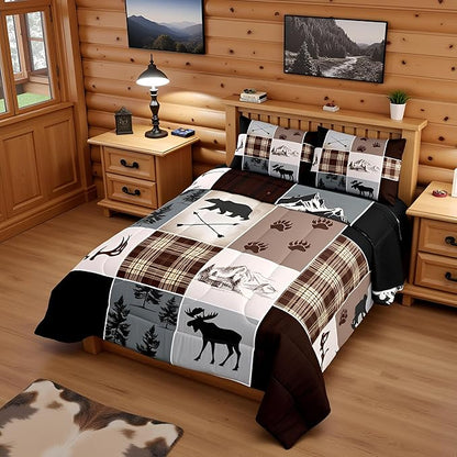 Hunting Camper Comforter Set Full Size Bear Elk Arrow Wild Animals Bedding Set Kids Boys Teens Women Rustic Farmhouse Cabin Home Decor 3pcs,Retro Geometric Stripes Plaid Duvet Insert,Brown Grey