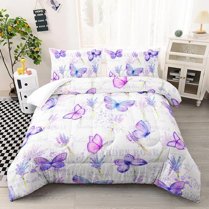 Butterfly Comforter Set Twin Size for Girls Kids Adults Lavender Flowers Pattern Bedding Set Aesthetics Butterflies Quilt Bed Set with 1 Comforter and 2 Pillowcases
