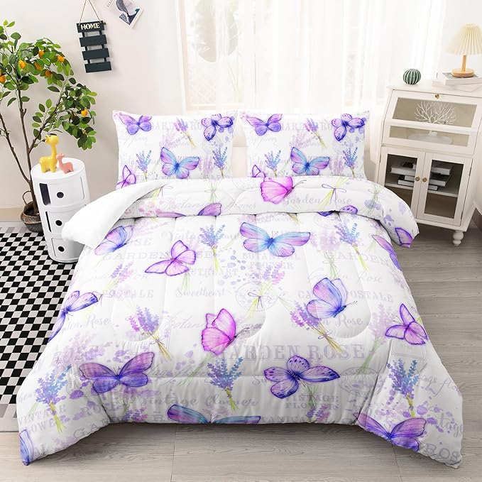 Butterfly Comforter Set Queen Size for Girls Kids Adults Lavender Flowers Pattern Bedding Set Aesthetics Butterflies Quilt Bed Set with 1 Comforter and 2 Pillowcases