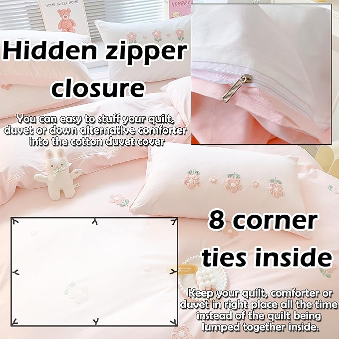 MorroMorn Twin Duvet Cover Cotton, 3D Embroidery Twin Bedding Sets Pink Bed Set, Fluffy Chenille Embroidered Comforter Covers Soft Sweat-Absorbing for Girls Kids Teen (Flowers Pink, Twin/Twin XL)