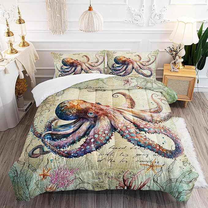 Retro Octopus Comforter Set Queen Size 3Pcs Nautical Coastal Compass Bedding Set Starfish Jellyfish Seaweed Quilt Bed Set for Boys Girls with 1 Comforter and 2 Pillowcases