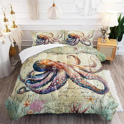 Retro Octopus Comforter Set Queen Size 3Pcs Nautical Coastal Compass Bedding Set Starfish Jellyfish Seaweed Quilt Bed Set for Boys Girls with 1 Comforter and 2 Pillowcases
