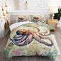 Retro Octopus Comforter Set Queen Size 3Pcs Nautical Coastal Compass Bedding Set Starfish Jellyfish Seaweed Quilt Bed Set for Boys Girls with 1 Comforter and 2 Pillowcases