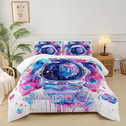 Kids Pink and Blue Astronaut Galaxy Comforter Set Twin，Outer Space Themed Twin Size Bedding Set，with 1 Comforter with 2 Pillow Case，Astronaut Bedroom Decor for Boys