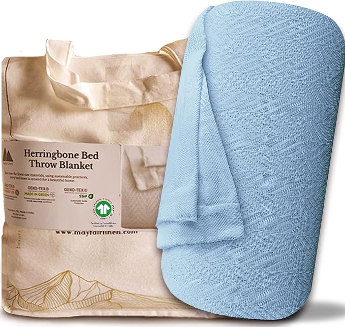 Mayfair Linen 100% Pure Cotton, Luxury King/Cal King Size Light Blue Blanket - Herringbone Pattern, Soft &Cozy Premium Fall Bed Blanket for All Seasons, 350GSM & 106x92 with Free Tote Bag