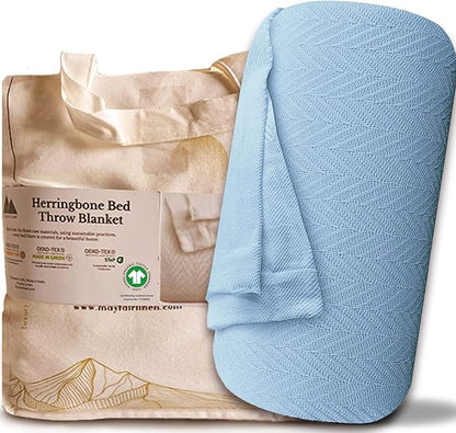 Mayfair Linen 100% Pure Cotton, Luxury Full/Queen Size Light Blue Blanket - Herringbone Pattern, Soft &Cozy Premium Fall Throw Bed Blanket for All Seasons, 350GSM & 90x92 with Free Tote Bag
