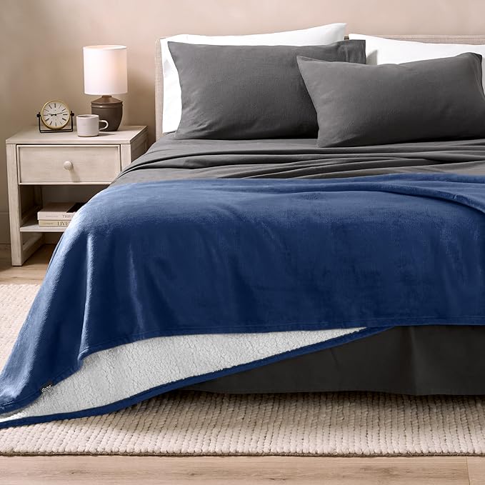Bare Home Sherpa Fleece Blanket - Throw/Travel Size - Blanket for Bed, Sofa, and Couch - Warm & Lightweight - Fluffy & Soft - Reversible (Throw/Travel, Dark Blue)