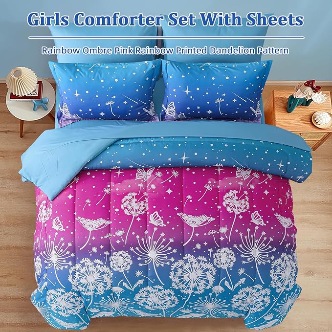 Menghomeus Girls Comforter Set Full Size 7 Pieces Bed in A Bag Ombre Pink Blue Rainbow Bedding Set Dandelion Butterfly Print Kids Bedding Collections