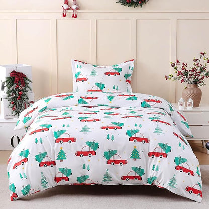 JSD Red Cars Kids Christmas Duvet Cover Set Twin Size, 2 Piece Xmas Comforter Cover with Pillow Sham Zipper Closure, Comforter Not Included
