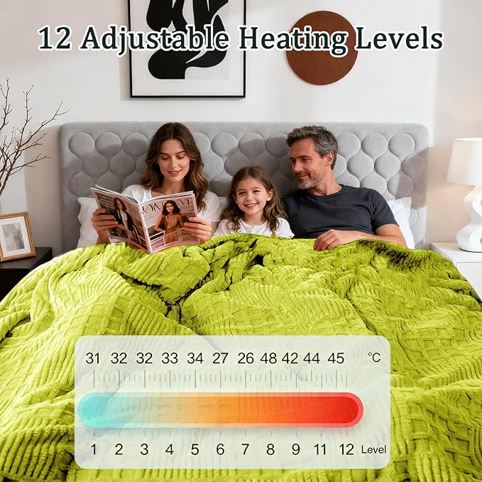 Heated Blanket Queen Size, 84"x90" Electric Heating Waffle, Machine Washable Blanket, 12 Heat Levels & 12 Hours Auto Off, Soft Warm Flannel Blanket, Overheat Protection with ETL & FCC (Tender Green)