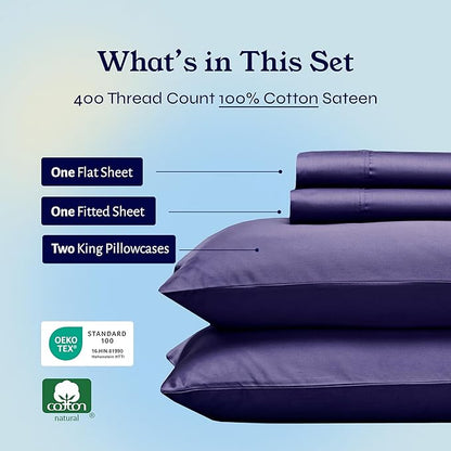 California Design Den King Size Sheets Set - 400 Thread Count Sateen, Natural 100% Cotton Sheets with Deep Pockets, Breathable, and Durable Bedding Set - Purple