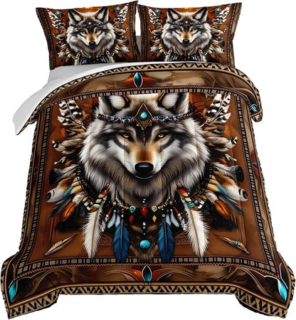HOSIMA Wolf Queen Bedding Sets for Kids,Tribe Decoration Print Animal Bedding,Lightweight Fluffy Dreamcatcher Feather Pattern Wolf Comforter for Teens Boys Room Decor with 2 Pillowcases.