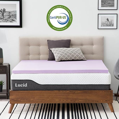 Lucid 2 Inch Lavender Memory Foam Mattress Topper, Full Size – Essential Oil Infusion – Plush Feel, Pressure-Relieving Bed Topper – Ventilated and Breathable – CertiPur Certified