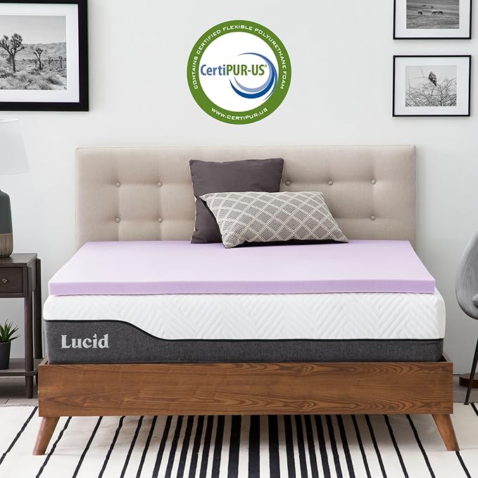 Lucid 2 Inch Lavender Memory Foam Mattress Topper, Queen Size – Essential Oil Infusion – Plush Feel, Pressure-Relieving Bed Topper – Ventilated and Breathable – CertiPur Certified