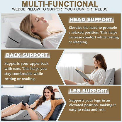 sokoro Bed Wedge Pillow for Sleep Apnea, GERD Acid Reflux Snoring Relief, Pregnancy Side Sleeper Pillow for Adults Seniors Neck Pain Back Sleeping, Leg Elevation Pillows for After Surgery Gifts, Grey