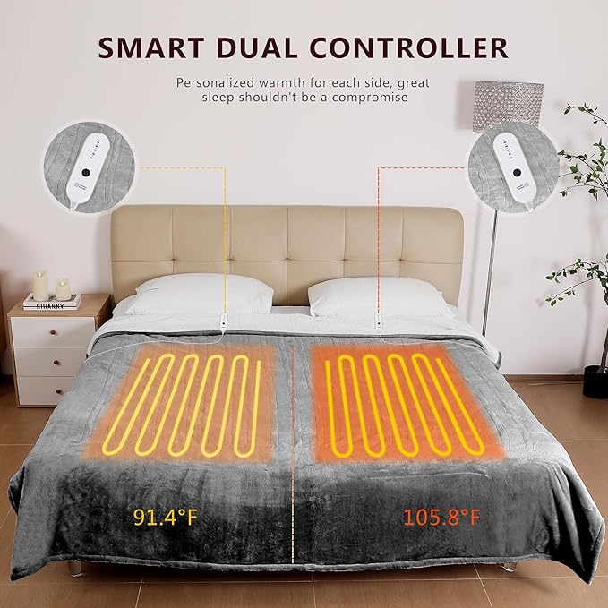 ESTINGO Electric Blanket King with Dual Control, King Heated Blanket with 5 Heating Levels & 10 Hours Auto Off, Heating Blanket with Timer 100" x 90", Cool Gray