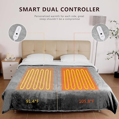 ESTINGO Electric Blanket Queen Size, Queen Heated Blanket Dual Control with 5 Heating Levels & 10 Hours Auto Off, Machine Washable Plush Heating Blanket 84" x 90", Cool Gray